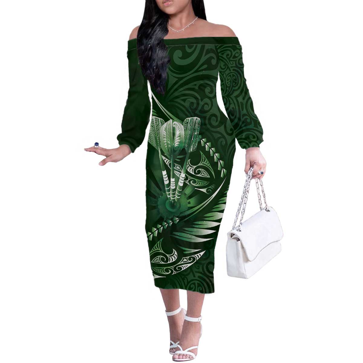 Personalised All Green New Zealand Darts Family Matching Off The Shoulder Long Sleeve Dress and Hawaiian Shirt Aoteroa Fern Maori Galaxy Style LT14 Mom's Dress Green - Polynesian Pride