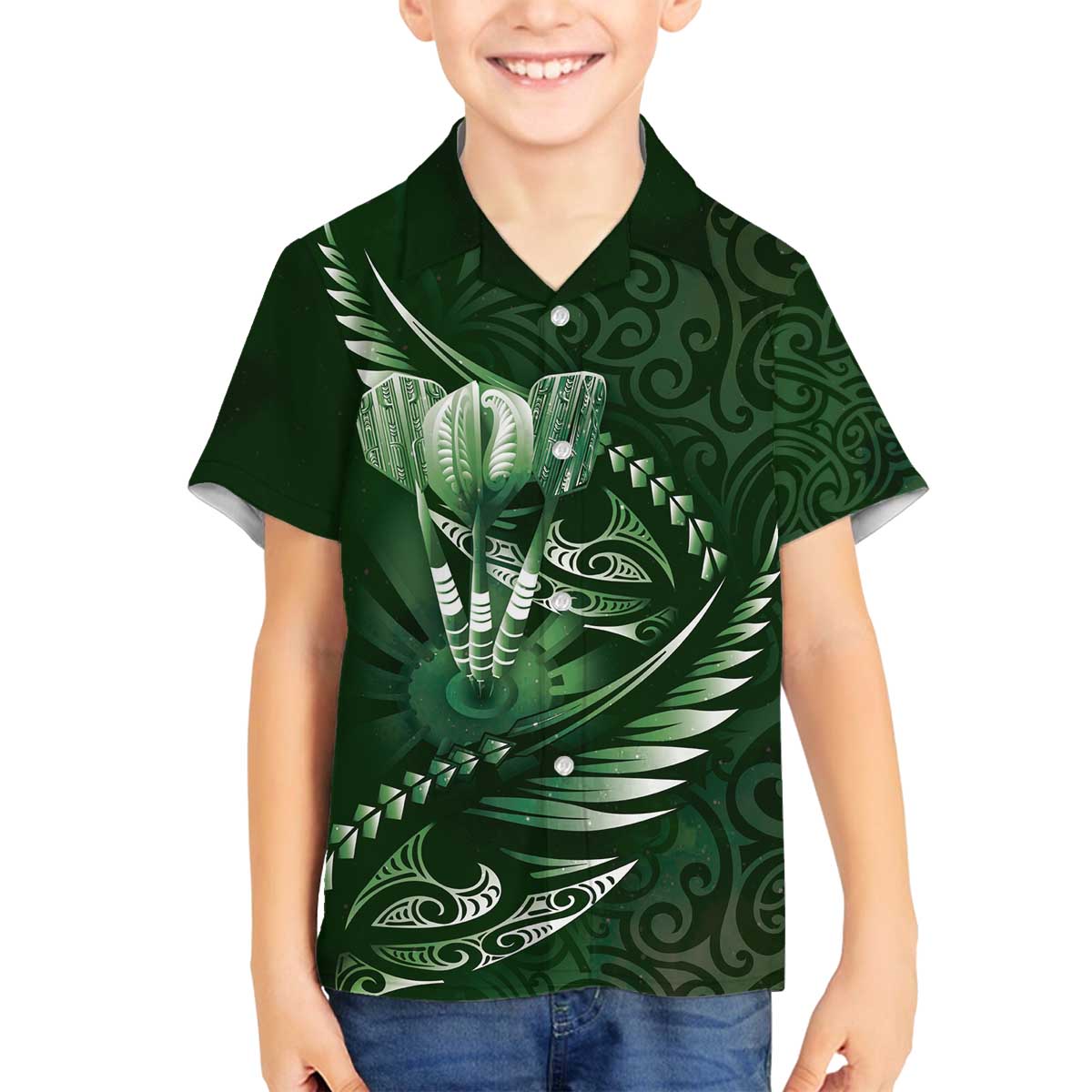 Personalised All Green New Zealand Darts Family Matching Off The Shoulder Long Sleeve Dress and Hawaiian Shirt Aoteroa Fern Maori Galaxy Style LT14 Son's Shirt Green - Polynesian Pride