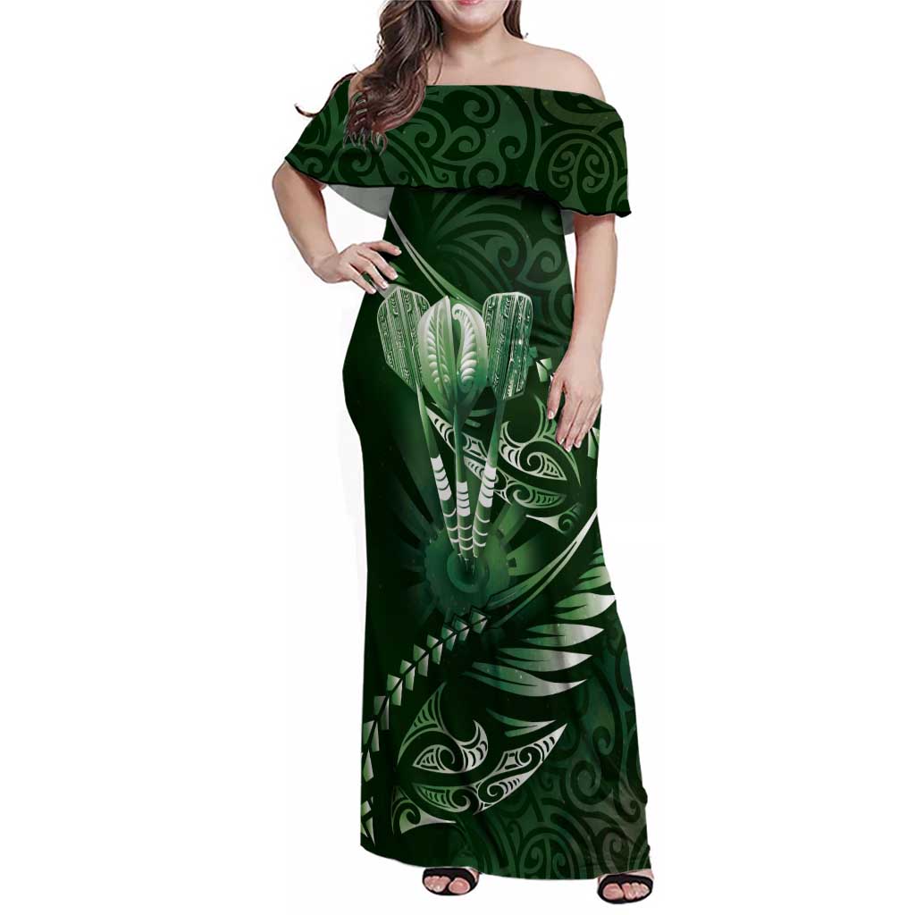 Personalised All Green New Zealand Darts Family Matching Off Shoulder Maxi Dress and Hawaiian Shirt Aoteroa Fern Maori Galaxy Style LT14 Mom's Dress Green - Polynesian Pride