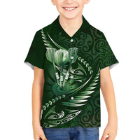 Personalised All Green New Zealand Darts Family Matching Off Shoulder Maxi Dress and Hawaiian Shirt Aoteroa Fern Maori Galaxy Style LT14 Son's Shirt Green - Polynesian Pride