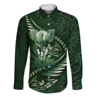 Personalised All Green New Zealand Darts Family Matching Off Shoulder Short Dress and Hawaiian Shirt Aoteroa Fern Maori Galaxy Style LT14 Dad's Shirt - Long Sleeve Green - Polynesian Pride