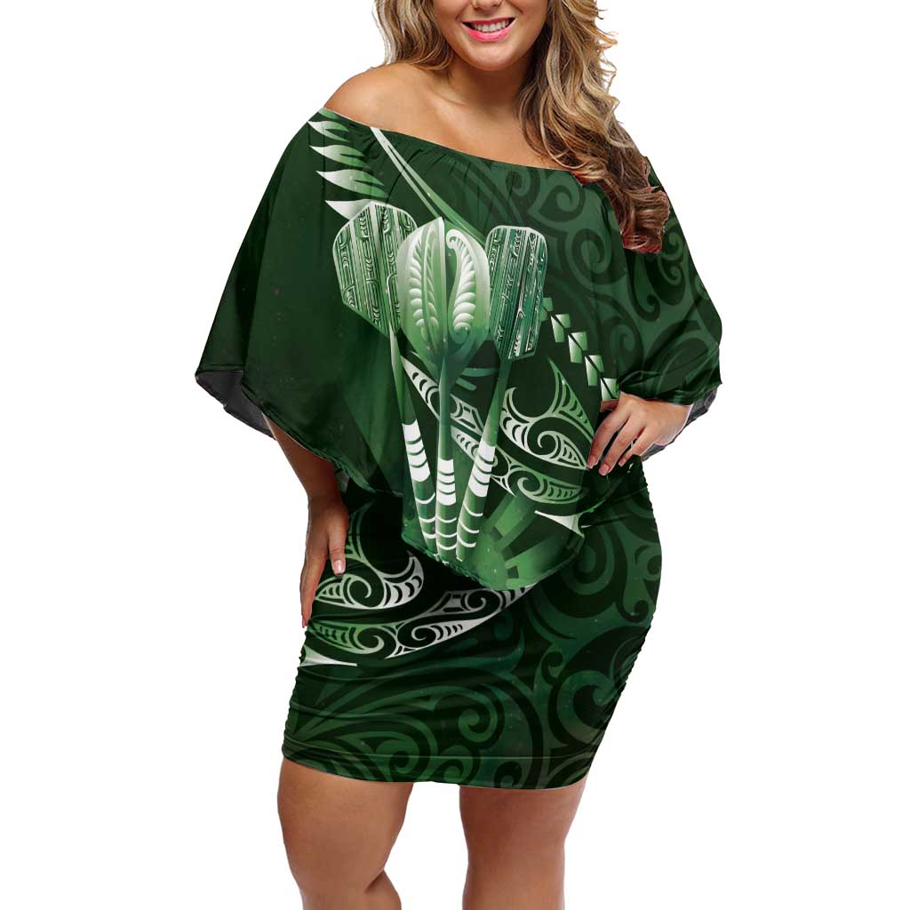 Personalised All Green New Zealand Darts Family Matching Off Shoulder Short Dress and Hawaiian Shirt Aoteroa Fern Maori Galaxy Style LT14 Mom's Dress Green - Polynesian Pride
