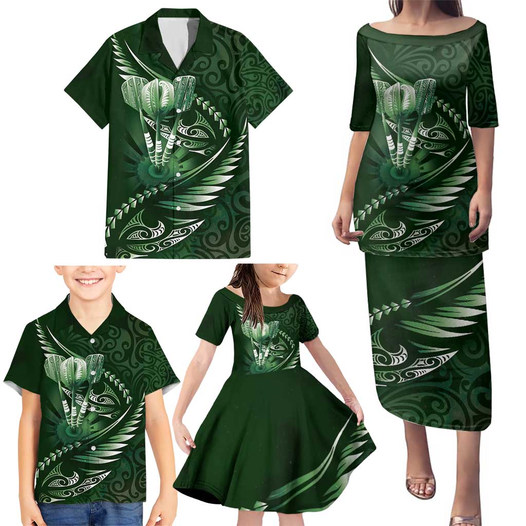 Personalised All Green New Zealand Darts Family Matching Puletasi and Hawaiian Shirt Aoteroa Fern Maori Galaxy Style LT14 - Polynesian Pride