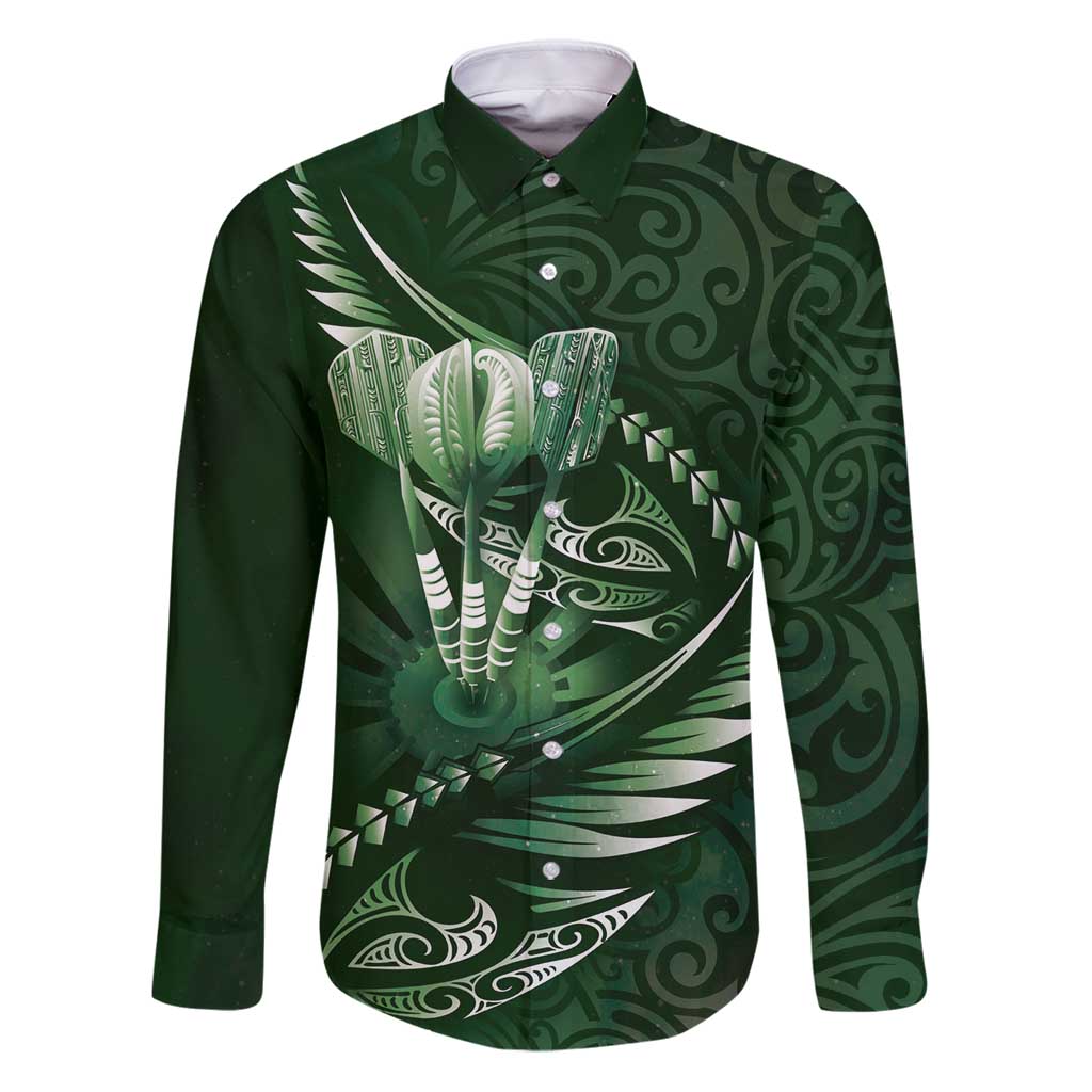 Personalised All Green New Zealand Darts Family Matching Puletasi and Hawaiian Shirt Aoteroa Fern Maori Galaxy Style LT14 Dad's Shirt - Long Sleeve Green - Polynesian Pride