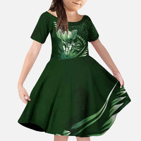 Personalised All Green New Zealand Darts Family Matching Short Sleeve Bodycon Dress and Hawaiian Shirt Aoteroa Fern Maori Galaxy Style LT14 Daughter's Dress Green - Polynesian Pride