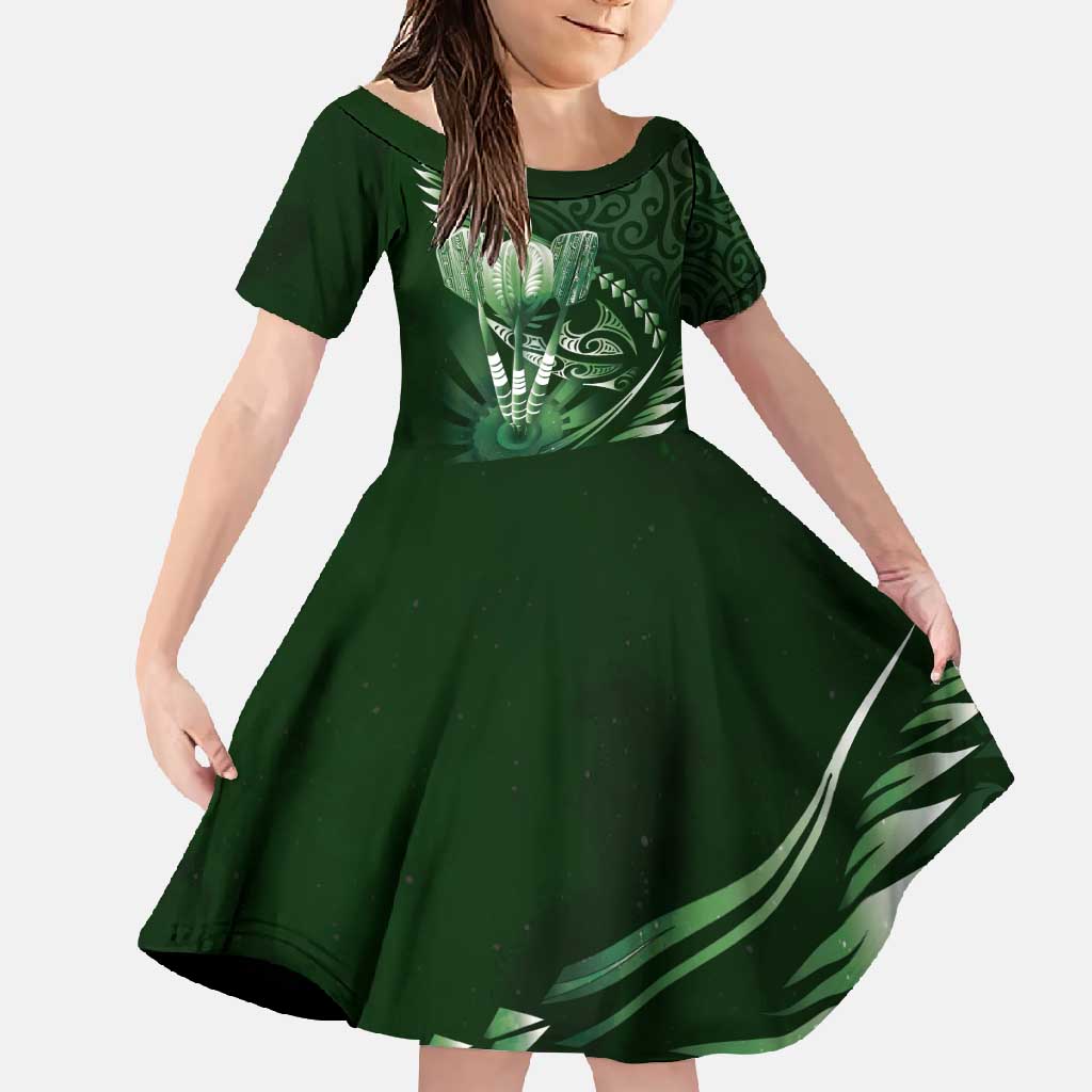 Personalised All Green New Zealand Darts Family Matching Tank Maxi Dress and Hawaiian Shirt Aoteroa Fern Maori Galaxy Style LT14 Daughter's Dress Green - Polynesian Pride