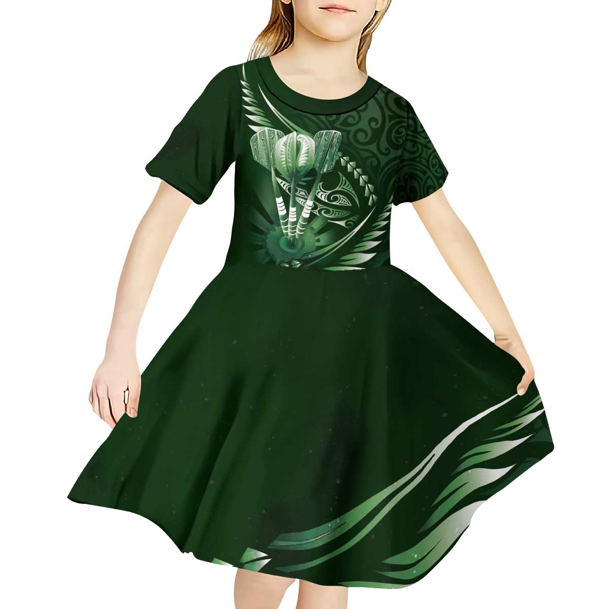 Personalised All Green New Zealand Darts Kid Short Sleeve Dress Aoteroa Fern Maori Galaxy Style LT14 - Polynesian Pride