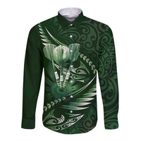 Personalised All Green New Zealand Darts Long Sleeve Button Shirt Aoteroa Fern Maori Galaxy Style LT14 Unisex Green - Polynesian Pride