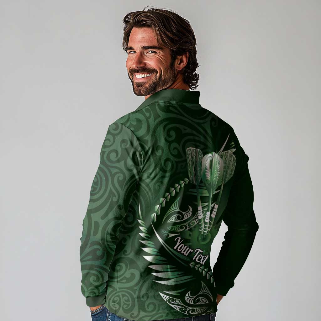 Personalised All Green New Zealand Darts Long Sleeve Polo Shirt Aoteroa Fern Maori Galaxy Style LT14 - Polynesian Pride