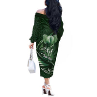 Personalised All Green New Zealand Darts Off The Shoulder Long Sleeve Dress Aoteroa Fern Maori Galaxy Style LT14 - Polynesian Pride