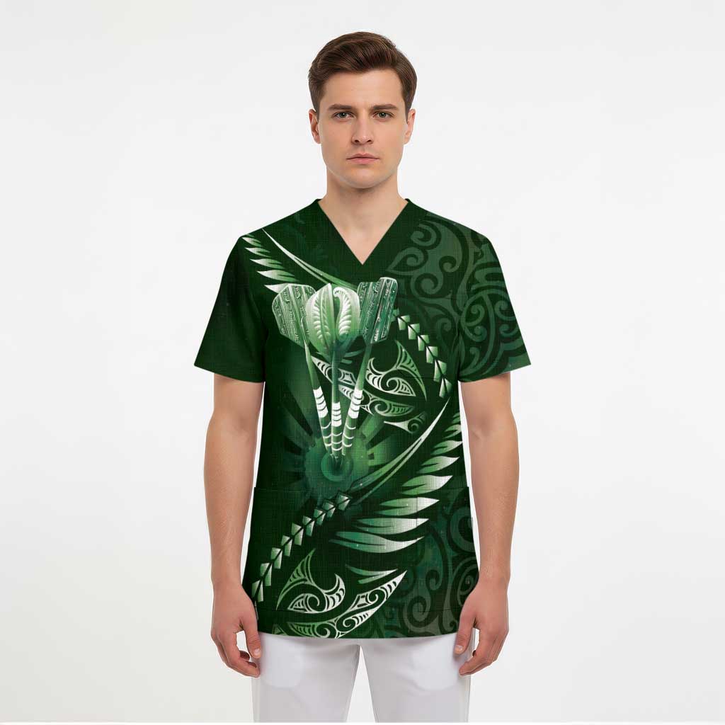 Personalised All Green New Zealand Darts Scrub Top Aoteroa Fern Maori Galaxy Style - Polynesian Pride
