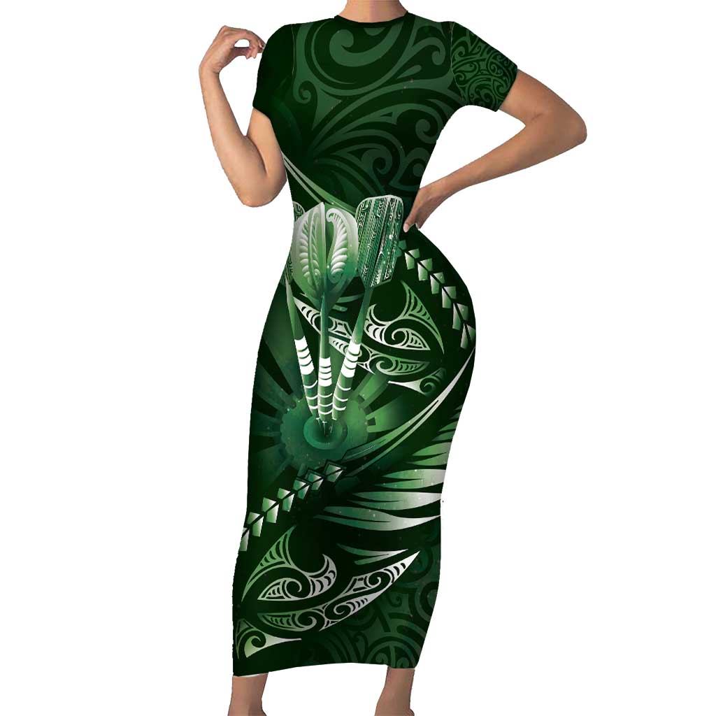 Personalised All Green New Zealand Darts Short Sleeve Bodycon Dress Aoteroa Fern Maori Galaxy Style LT14 Long Dress Green - Polynesian Pride