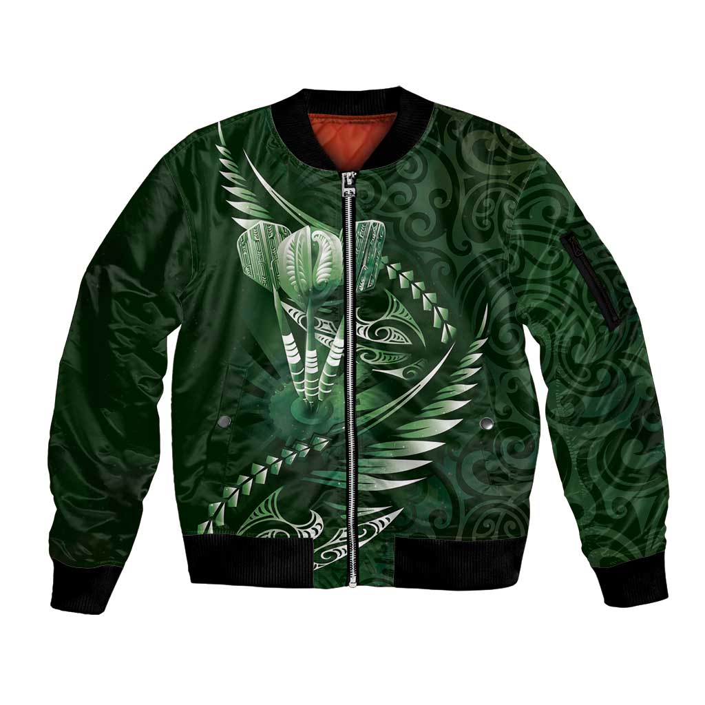 Personalised All Green New Zealand Darts Sleeve Zip Bomber Jacket Aoteroa Fern Maori Galaxy Style LT14 Unisex Green - Polynesian Pride