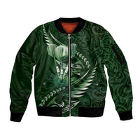 Personalised All Green New Zealand Darts Sleeve Zip Bomber Jacket Aoteroa Fern Maori Galaxy Style LT14 Unisex Green - Polynesian Pride