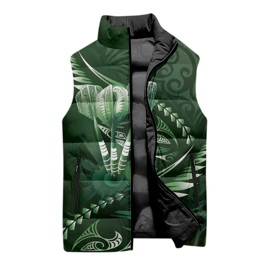 Personalised All Green New Zealand Darts Sleeveless Puffer Jacket Aoteroa Fern Maori Galaxy Style - Polynesian Pride