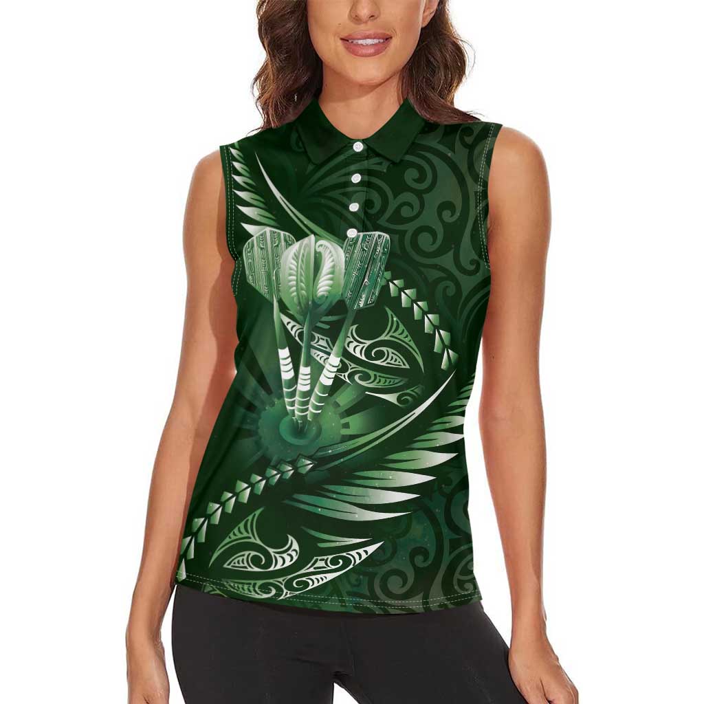 Personalised All Green New Zealand Darts Women Sleeveless Polo Shirt Aoteroa Fern Maori Galaxy Style LT14 - Polynesian Pride