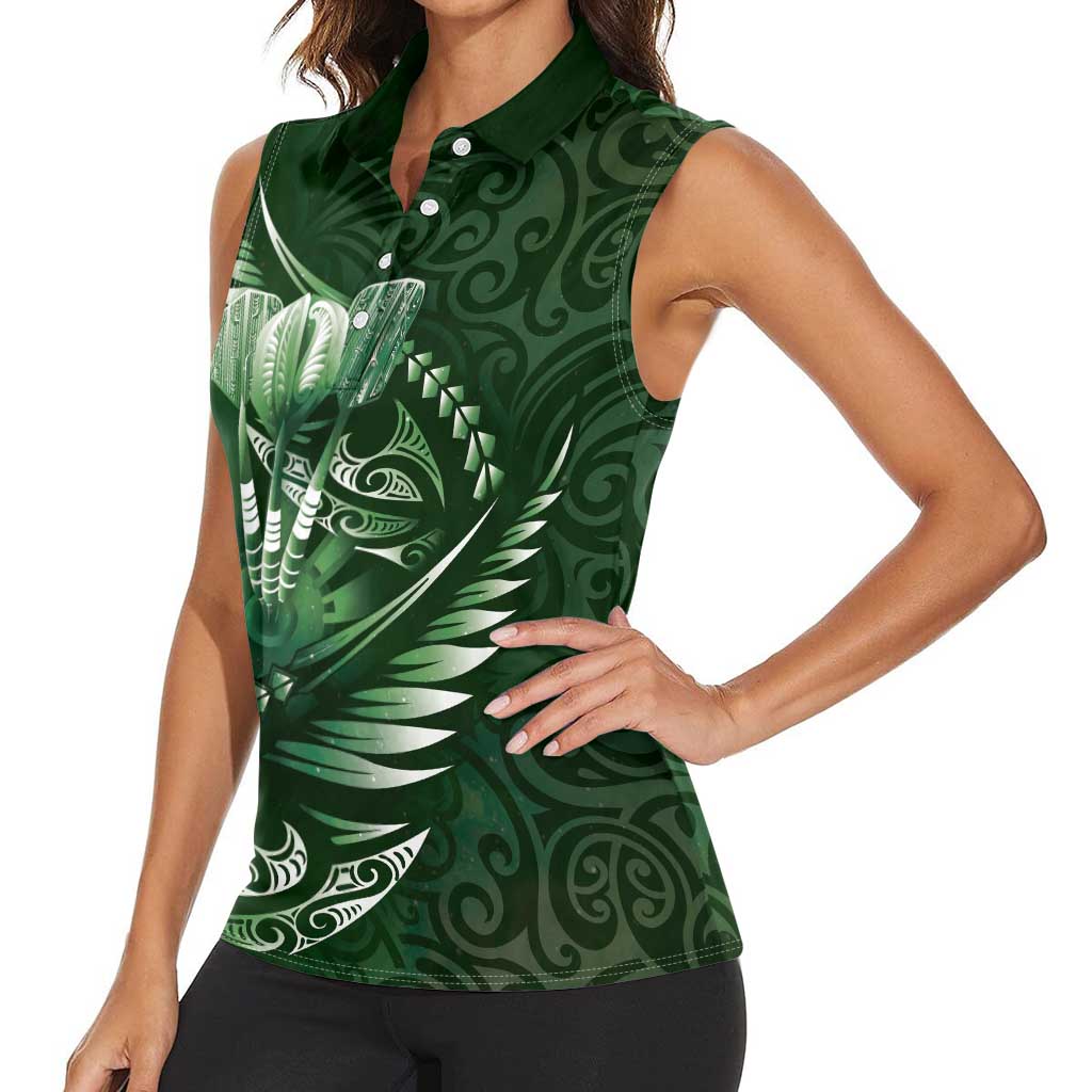 Personalised All Green New Zealand Darts Women Sleeveless Polo Shirt Aoteroa Fern Maori Galaxy Style LT14 - Polynesian Pride