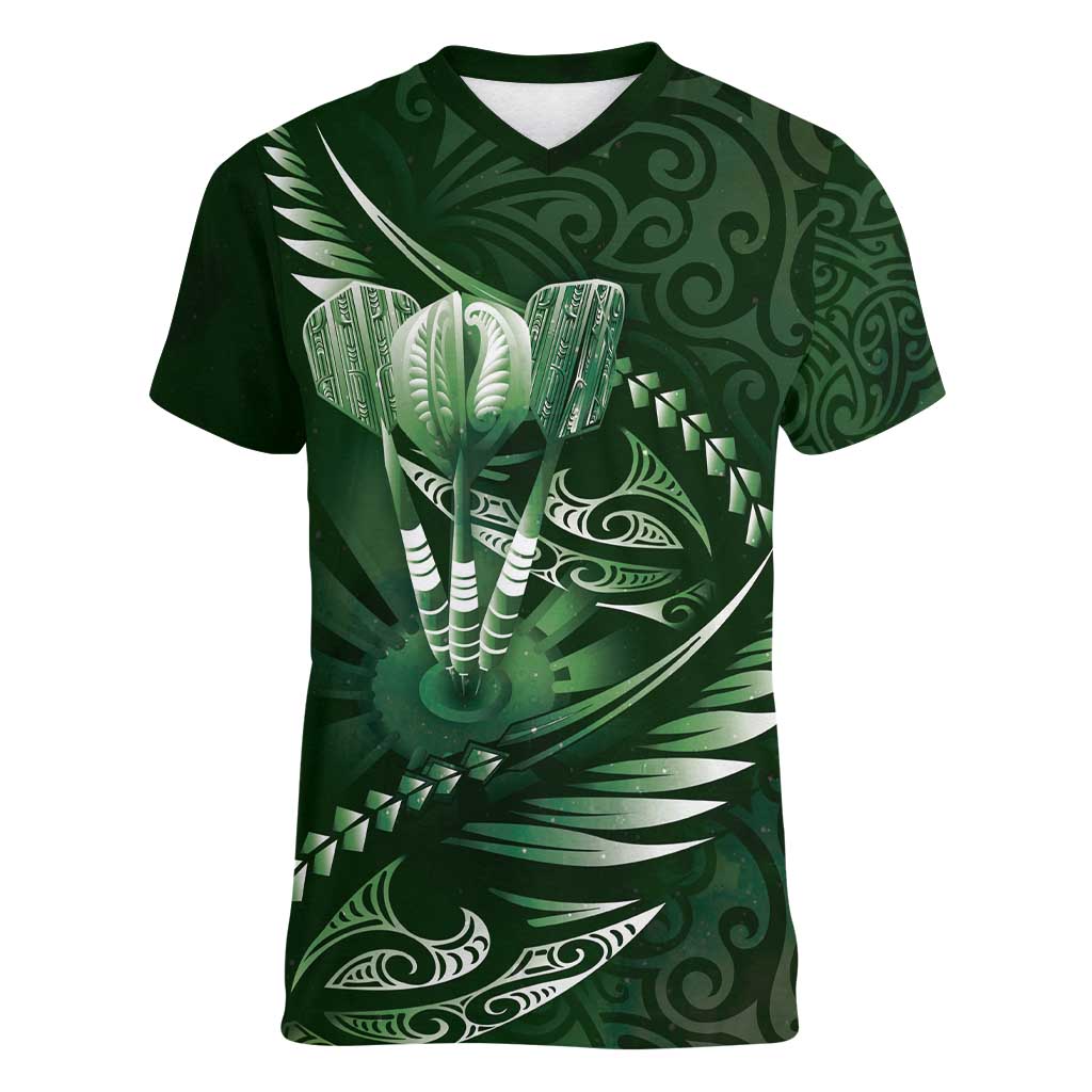 Personalised All Green New Zealand Darts Women V-Neck T-Shirt Aoteroa Fern Maori Galaxy Style LT14 Female Green - Polynesian Pride