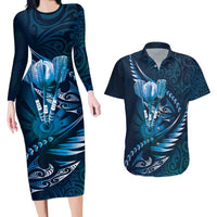 Personalised All Blue New Zealand Darts Couples Matching Long Sleeve Bodycon Dress and Hawaiian Shirt Aoteroa Fern Maori Galaxy Style LT14 Blue - Polynesian Pride