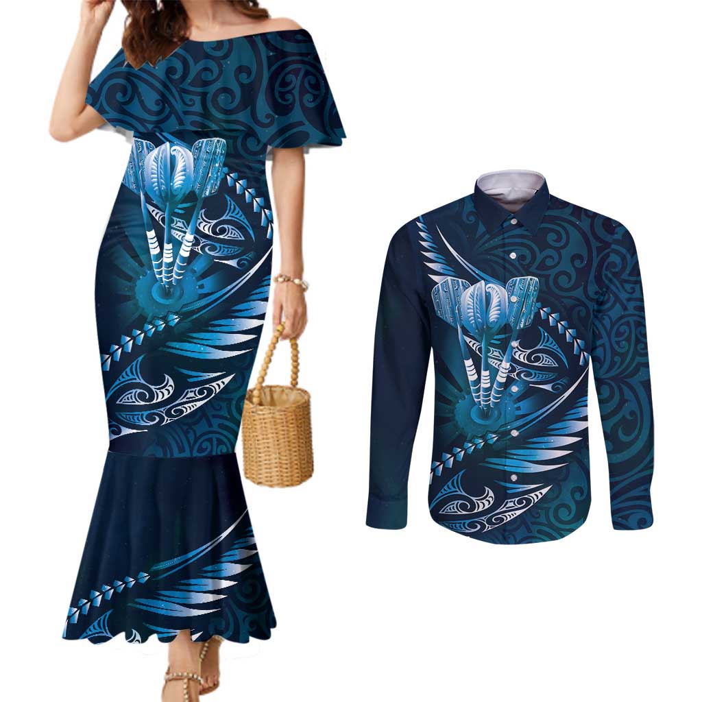 Personalised All Blue New Zealand Darts Couples Matching Mermaid Dress and Long Sleeve Button Shirt Aoteroa Fern Maori Galaxy Style LT14 Blue - Polynesian Pride