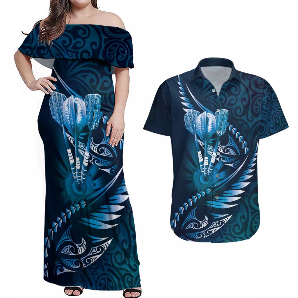 Personalised All Blue New Zealand Darts Couples Matching Off Shoulder Maxi Dress and Hawaiian Shirt Aoteroa Fern Maori Galaxy Style LT14 Blue - Polynesian Pride