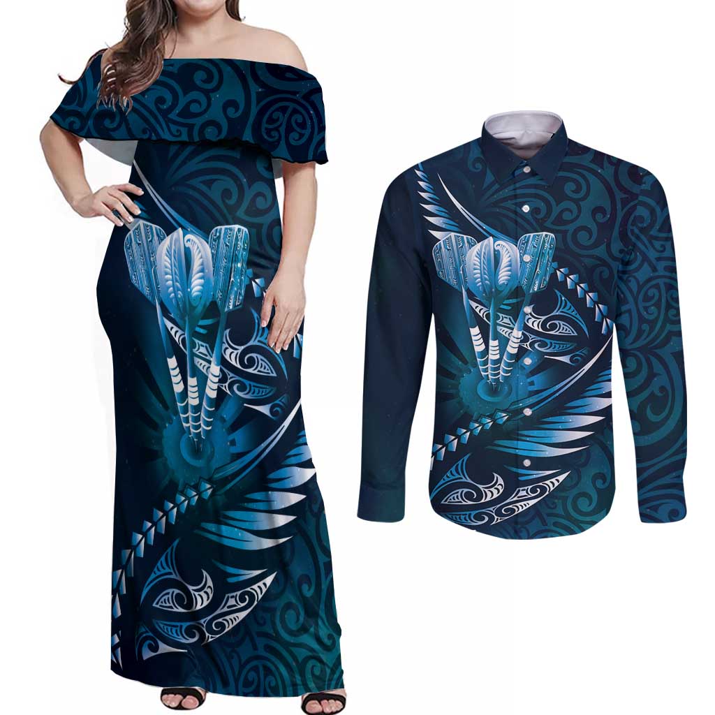Personalised All Blue New Zealand Darts Couples Matching Off Shoulder Maxi Dress and Long Sleeve Button Shirt Aoteroa Fern Maori Galaxy Style LT14 Blue - Polynesian Pride