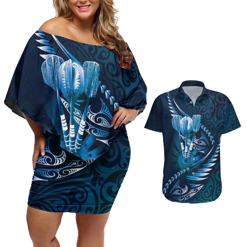Personalised All Blue New Zealand Darts Couples Matching Off Shoulder Short Dress and Hawaiian Shirt Aoteroa Fern Maori Galaxy Style LT14 Blue - Polynesian Pride