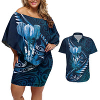 Personalised All Blue New Zealand Darts Couples Matching Off Shoulder Short Dress and Hawaiian Shirt Aoteroa Fern Maori Galaxy Style LT14 Blue - Polynesian Pride