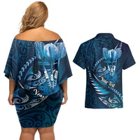 Personalised All Blue New Zealand Darts Couples Matching Off Shoulder Short Dress and Hawaiian Shirt Aoteroa Fern Maori Galaxy Style LT14 - Polynesian Pride