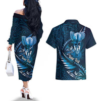 Personalised All Blue New Zealand Darts Couples Matching Off The Shoulder Long Sleeve Dress and Hawaiian Shirt Aoteroa Fern Maori Galaxy Style LT14 - Polynesian Pride
