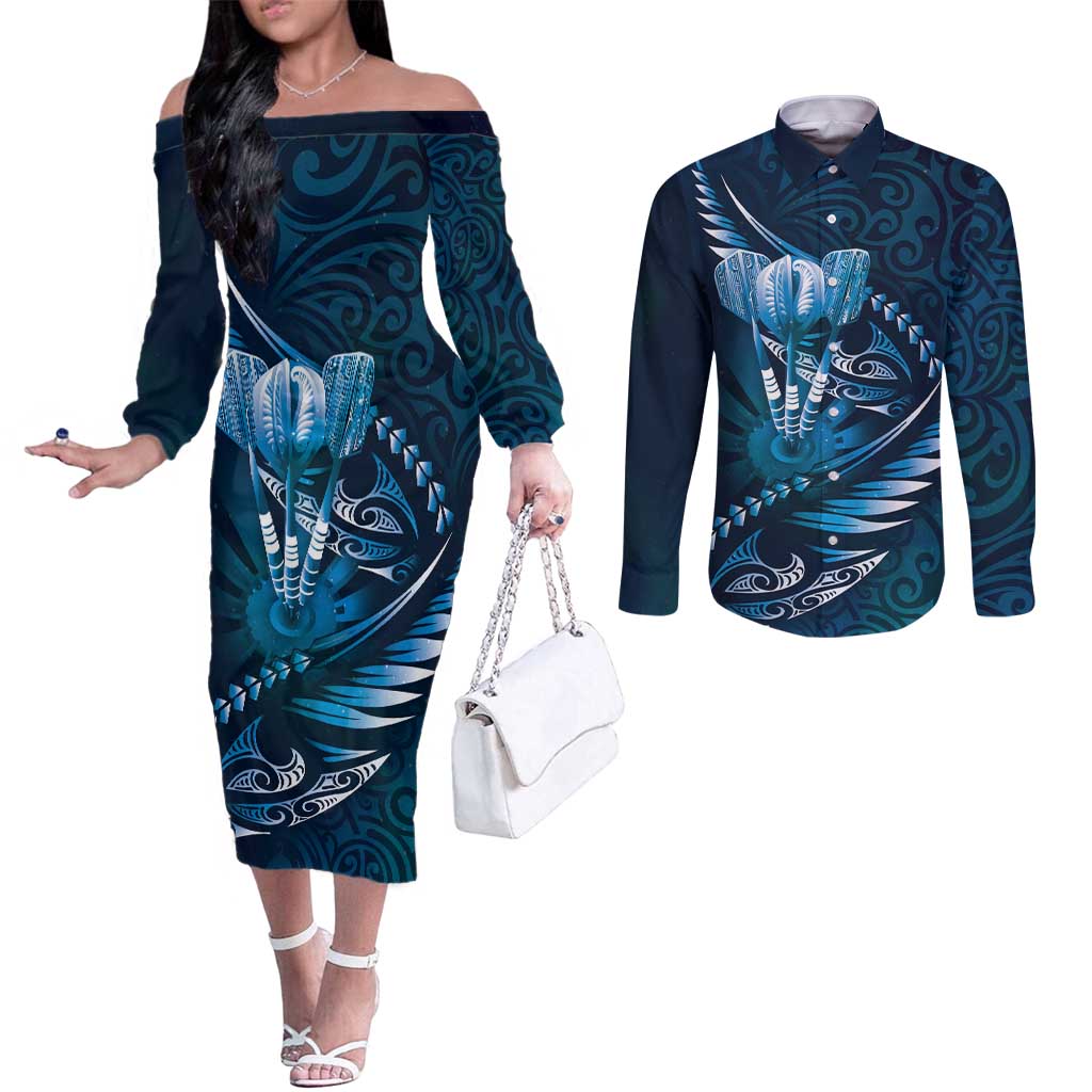 Personalised All Blue New Zealand Darts Couples Matching Off The Shoulder Long Sleeve Dress and Long Sleeve Button Shirt Aoteroa Fern Maori Galaxy Style LT14 Blue - Polynesian Pride