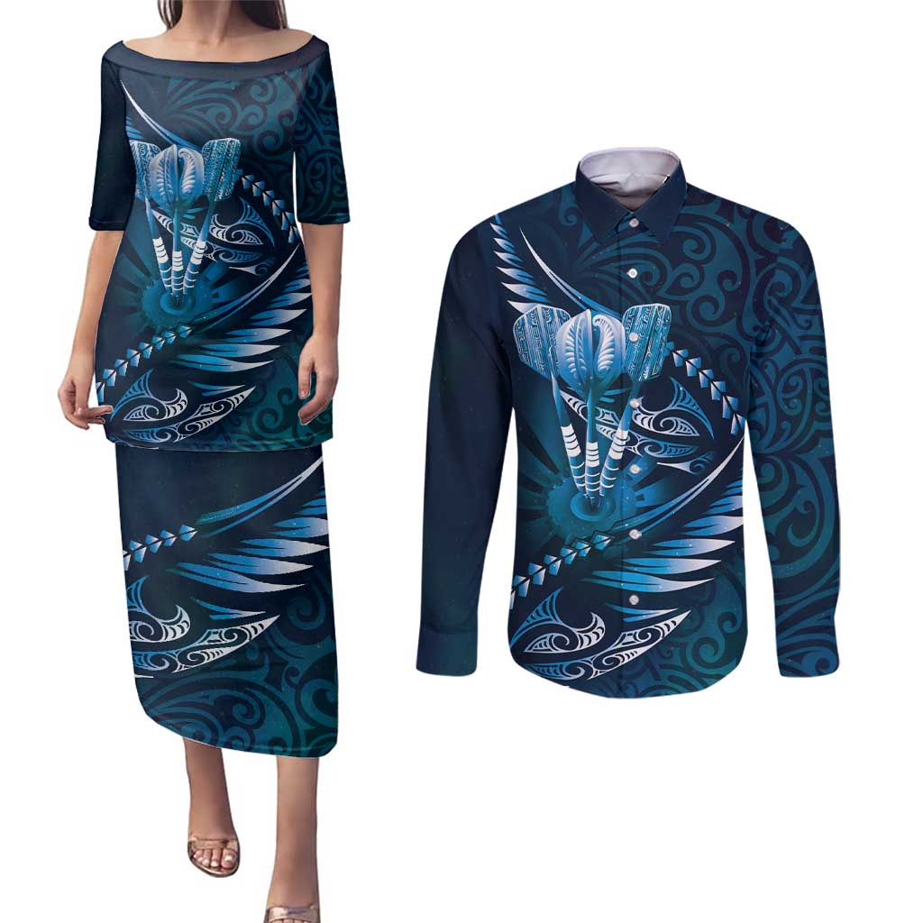 Personalised All Blue New Zealand Darts Couples Matching Puletasi and Long Sleeve Button Shirt Aoteroa Fern Maori Galaxy Style LT14 Blue - Polynesian Pride