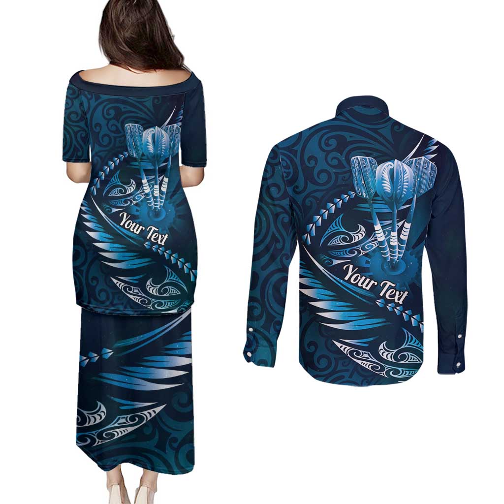 Personalised All Blue New Zealand Darts Couples Matching Puletasi and Long Sleeve Button Shirt Aoteroa Fern Maori Galaxy Style LT14 - Polynesian Pride