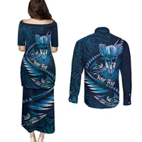 Personalised All Blue New Zealand Darts Couples Matching Puletasi and Long Sleeve Button Shirt Aoteroa Fern Maori Galaxy Style LT14 - Polynesian Pride