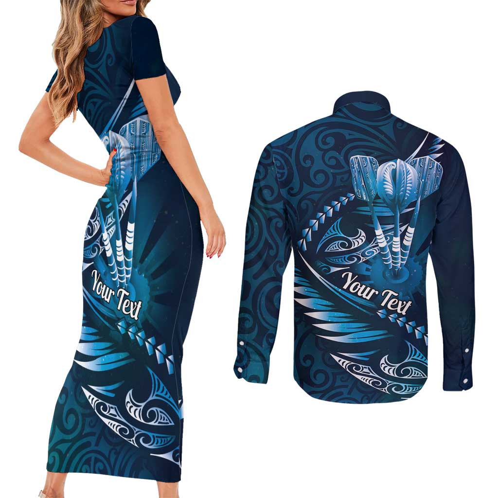 Personalised All Blue New Zealand Darts Couples Matching Short Sleeve Bodycon Dress and Long Sleeve Button Shirt Aoteroa Fern Maori Galaxy Style LT14 - Polynesian Pride
