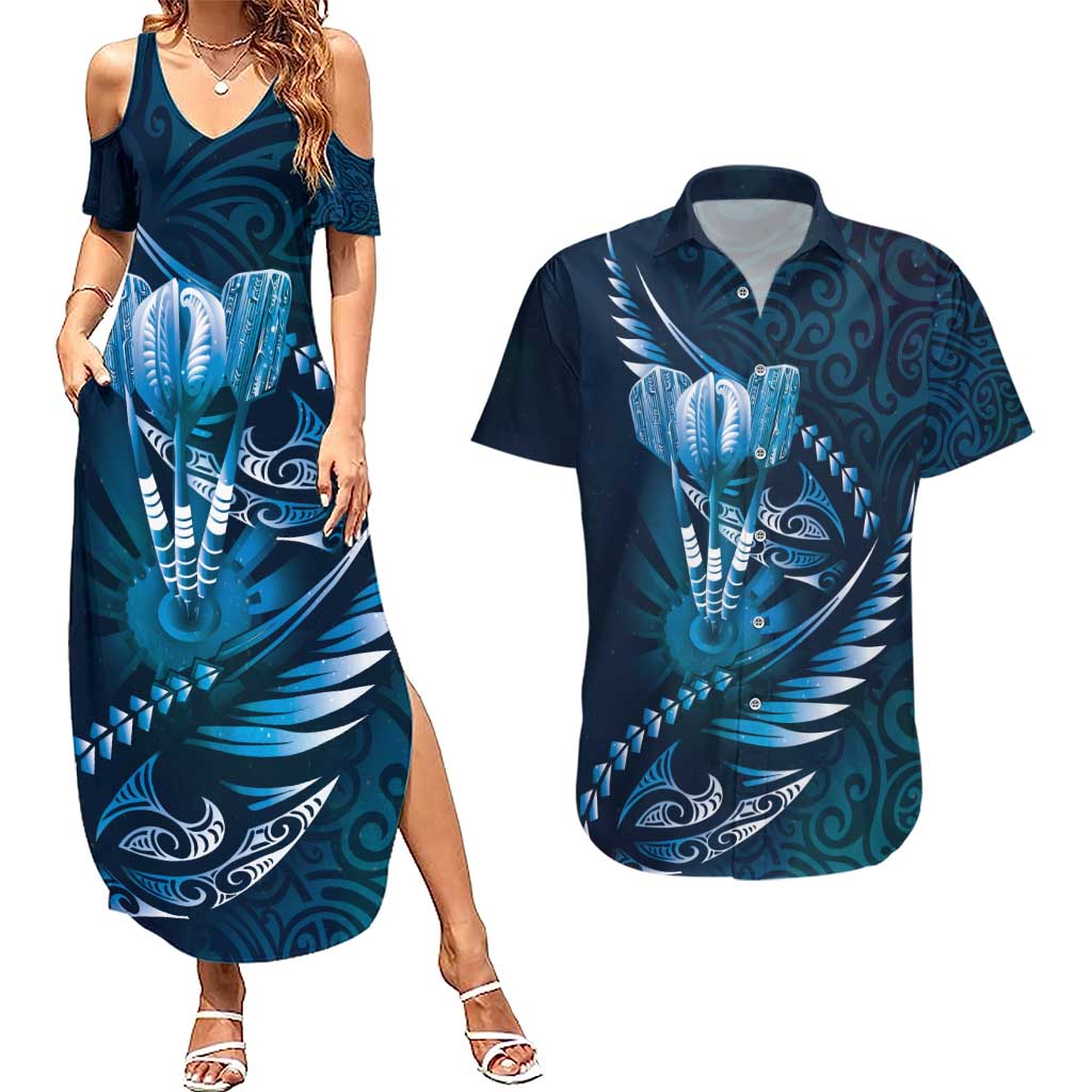 Personalised All Blue New Zealand Darts Couples Matching Summer Maxi Dress and Hawaiian Shirt Aoteroa Fern Maori Galaxy Style LT14 Blue - Polynesian Pride