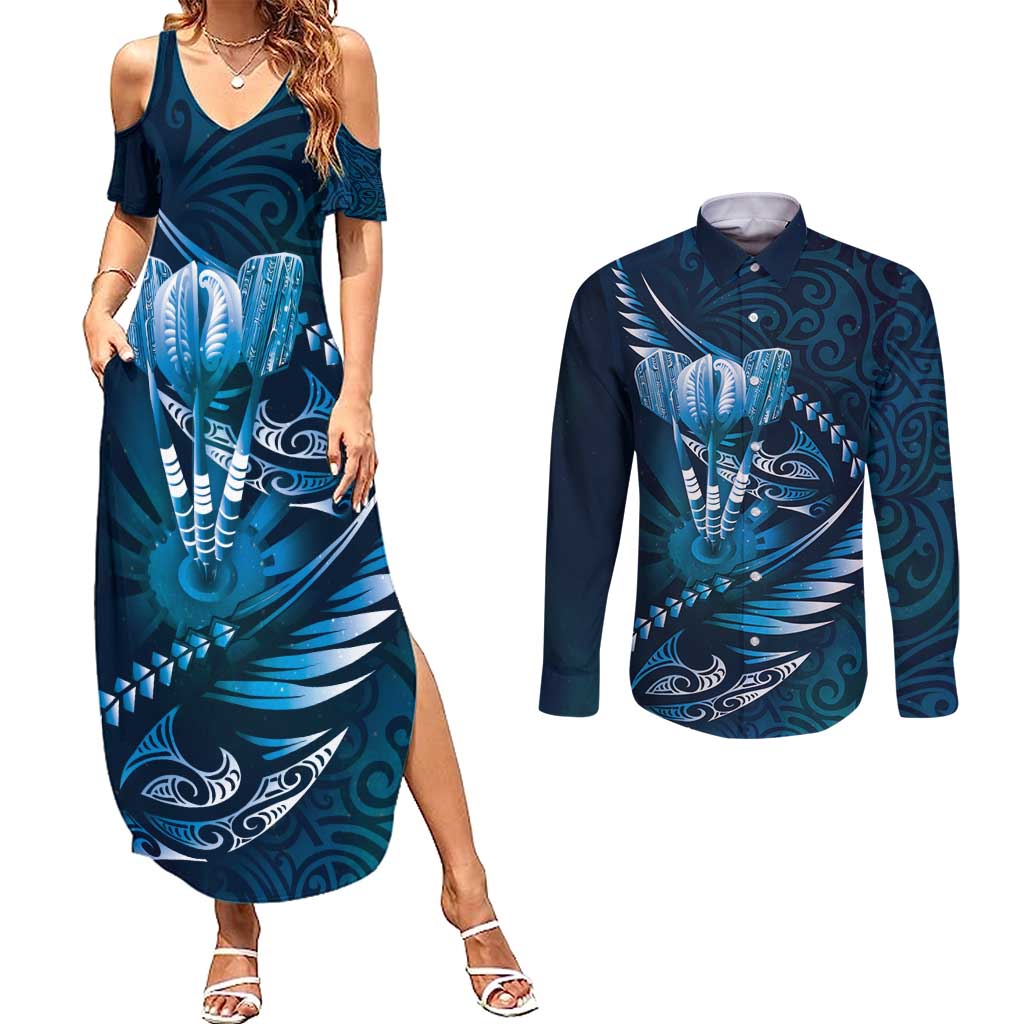 Personalised All Blue New Zealand Darts Couples Matching Summer Maxi Dress and Long Sleeve Button Shirt Aoteroa Fern Maori Galaxy Style LT14 Blue - Polynesian Pride