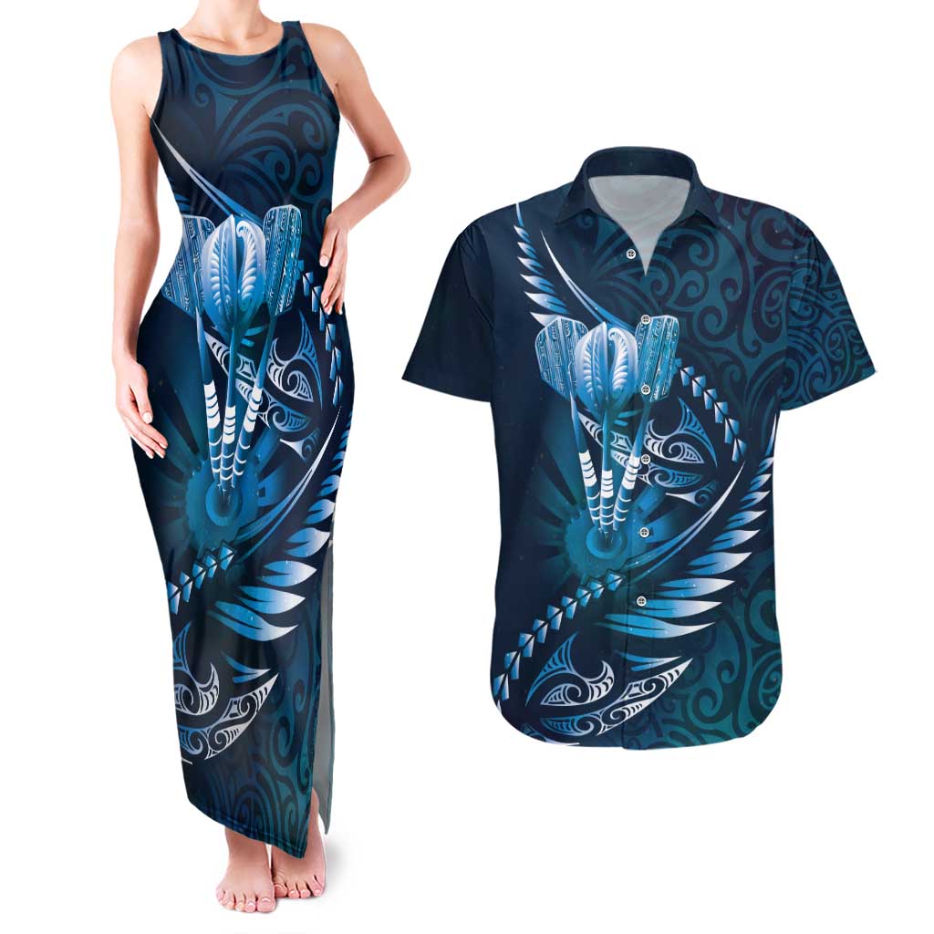 Personalised All Blue New Zealand Darts Couples Matching Tank Maxi Dress and Hawaiian Shirt Aoteroa Fern Maori Galaxy Style LT14 Blue - Polynesian Pride