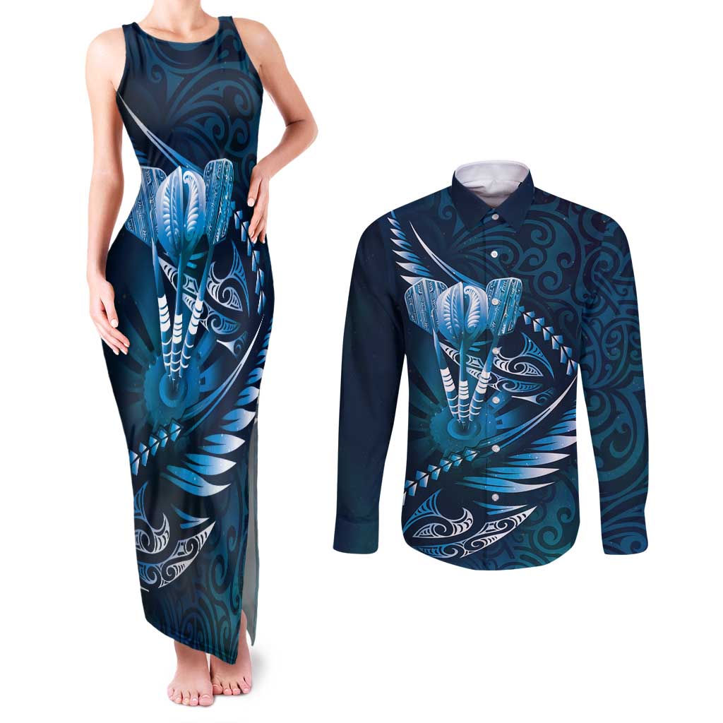Personalised All Blue New Zealand Darts Couples Matching Tank Maxi Dress and Long Sleeve Button Shirt Aoteroa Fern Maori Galaxy Style LT14 Blue - Polynesian Pride