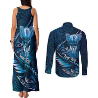 Personalised All Blue New Zealand Darts Couples Matching Tank Maxi Dress and Long Sleeve Button Shirt Aoteroa Fern Maori Galaxy Style LT14 - Polynesian Pride