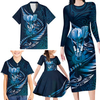 Personalised All Blue New Zealand Darts Family Matching Long Sleeve Bodycon Dress and Hawaiian Shirt Aoteroa Fern Maori Galaxy Style LT14 - Polynesian Pride