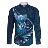 Personalised All Blue New Zealand Darts Family Matching Long Sleeve Bodycon Dress and Hawaiian Shirt Aoteroa Fern Maori Galaxy Style LT14 Dad's Shirt - Long Sleeve Blue - Polynesian Pride