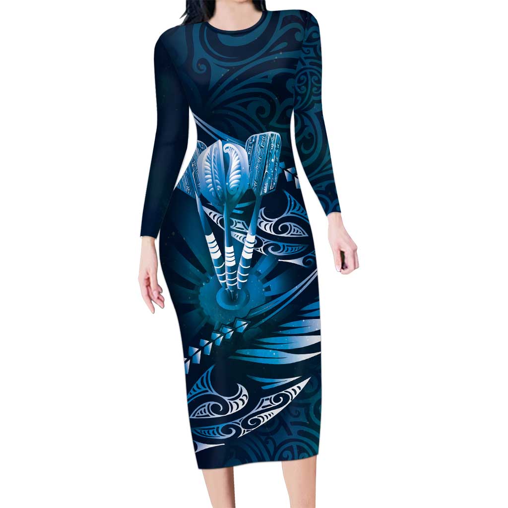 Personalised All Blue New Zealand Darts Family Matching Long Sleeve Bodycon Dress and Hawaiian Shirt Aoteroa Fern Maori Galaxy Style LT14 Mom's Dress Blue - Polynesian Pride