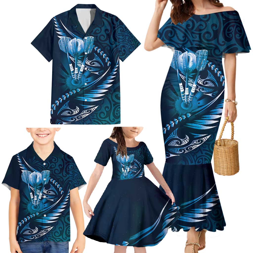 Personalised All Blue New Zealand Darts Family Matching Mermaid Dress and Hawaiian Shirt Aoteroa Fern Maori Galaxy Style LT14 - Polynesian Pride