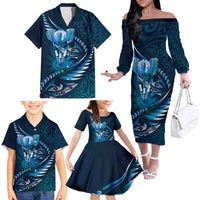Personalised All Blue New Zealand Darts Family Matching Off The Shoulder Long Sleeve Dress and Hawaiian Shirt Aoteroa Fern Maori Galaxy Style LT14 - Polynesian Pride