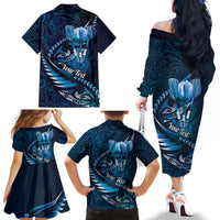 Personalised All Blue New Zealand Darts Family Matching Off The Shoulder Long Sleeve Dress and Hawaiian Shirt Aoteroa Fern Maori Galaxy Style LT14 - Polynesian Pride