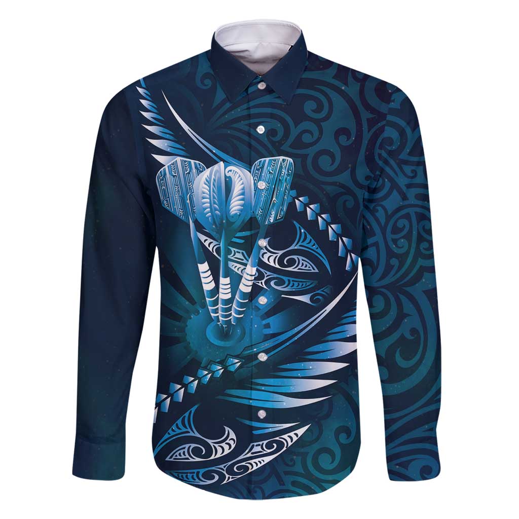 Personalised All Blue New Zealand Darts Family Matching Off Shoulder Maxi Dress and Hawaiian Shirt Aoteroa Fern Maori Galaxy Style LT14 Dad's Shirt - Long Sleeve Blue - Polynesian Pride