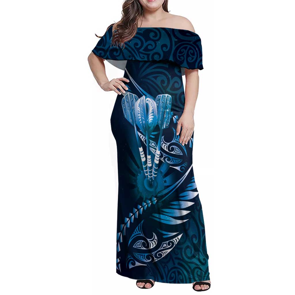 Personalised All Blue New Zealand Darts Family Matching Off Shoulder Maxi Dress and Hawaiian Shirt Aoteroa Fern Maori Galaxy Style LT14 Mom's Dress Blue - Polynesian Pride