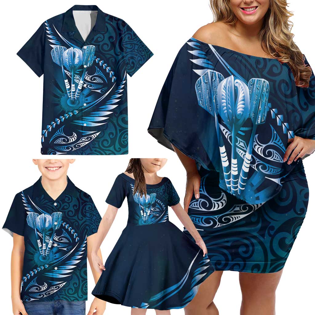 Personalised All Blue New Zealand Darts Family Matching Off Shoulder Short Dress and Hawaiian Shirt Aoteroa Fern Maori Galaxy Style LT14 - Polynesian Pride