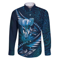 Personalised All Blue New Zealand Darts Family Matching Puletasi and Hawaiian Shirt Aoteroa Fern Maori Galaxy Style LT14 Dad's Shirt - Long Sleeve Blue - Polynesian Pride